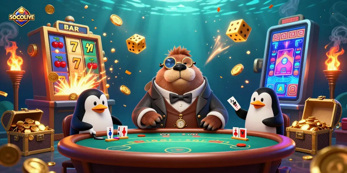 Experience the vibrant SOCOLIVE underwater casino with a charming walrus at the poker table.