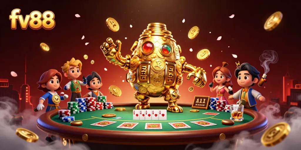Engage with the rich casino world of fv88, featuring vibrant poker action and golden golems!