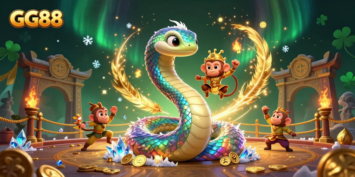 Engage with GG88's vibrant 3D casino scene, featuring a rainbow serpent and golden monkey king.