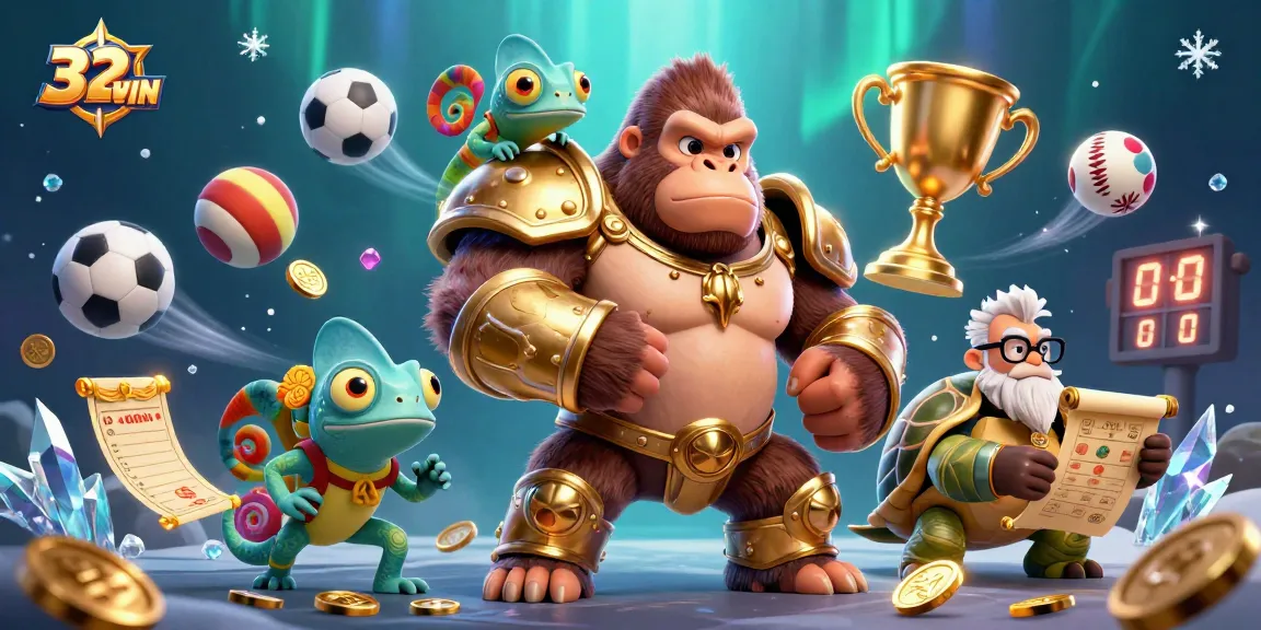 Engage with 32WIN's vibrant casino world featuring a gorilla king and dynamic sports elements.