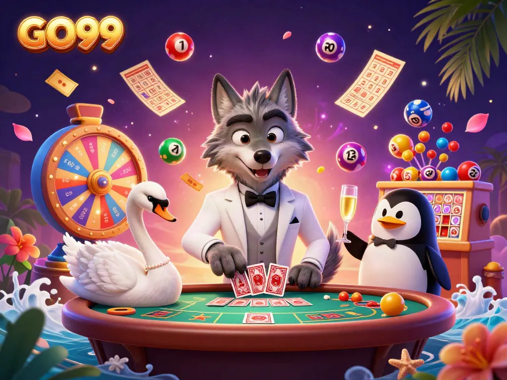 Experience thrilling gameplay at GO99 with a vibrant 3D casino scene featuring engaging characters and lottery action.