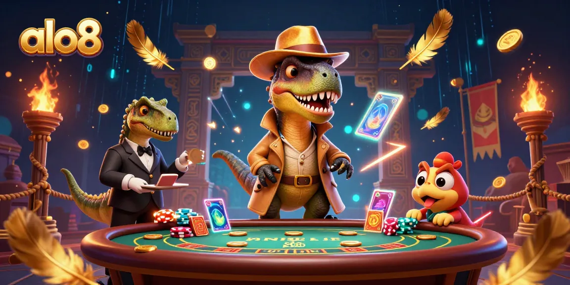 Watch as the alo8 velociraptor expertly counts cards amidst a dynamic casino scene filled with action.