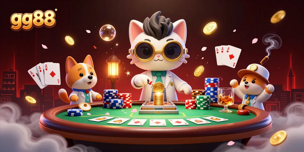 Experience thrilling gaming at gg88, featuring a dynamic poker scene with cartoon characters and rich casino elements.