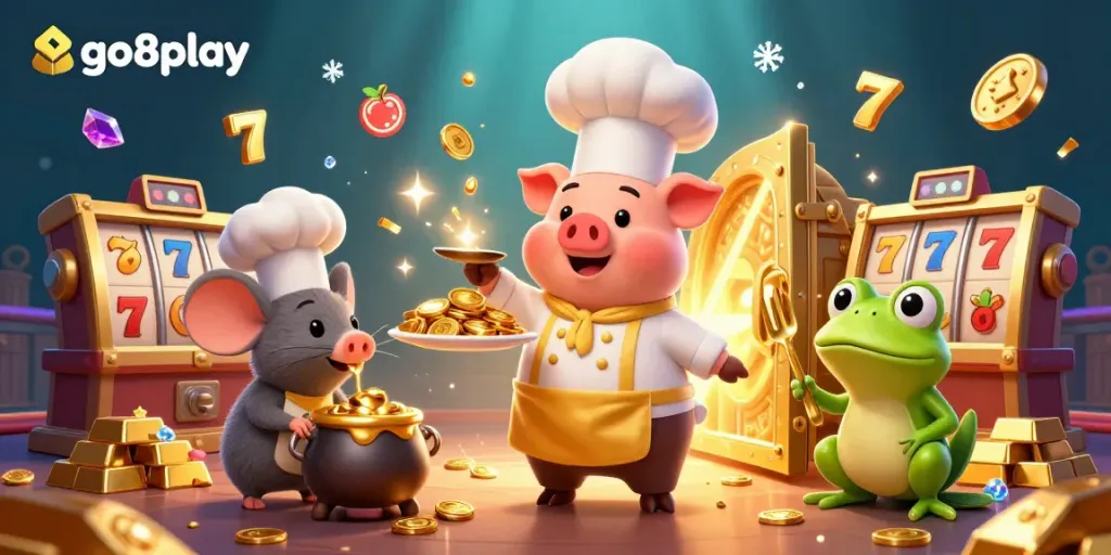 Join the fun at go8play with a chef pig presenting gold coins in a vibrant casino scene featuring slots and jackpots.