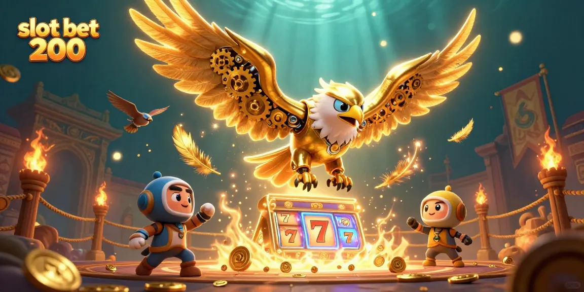 Temukan keseruan slot bet 200 dengan ilustrasi slot dan elang emas yang menarik.