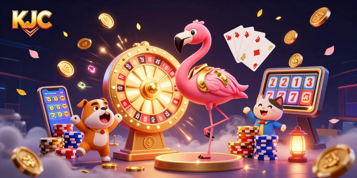 KJC showcases a vibrant casino scene with a flamingo host and bulldog contestant surrounded by shining treasures.