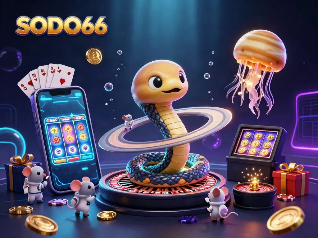 Experience SODO66 with a vibrant cosmic illustration featuring gaming elements and playful characters.