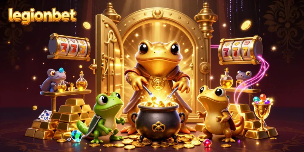 Experience gaming excitement at legionbet with golden treasures and whimsical characters in a vibrant fantasy scene.