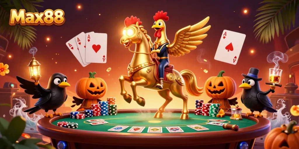 Experience the excitement of Max88 with our captivating casino scene featuring a golden rooster on a spectral horse.