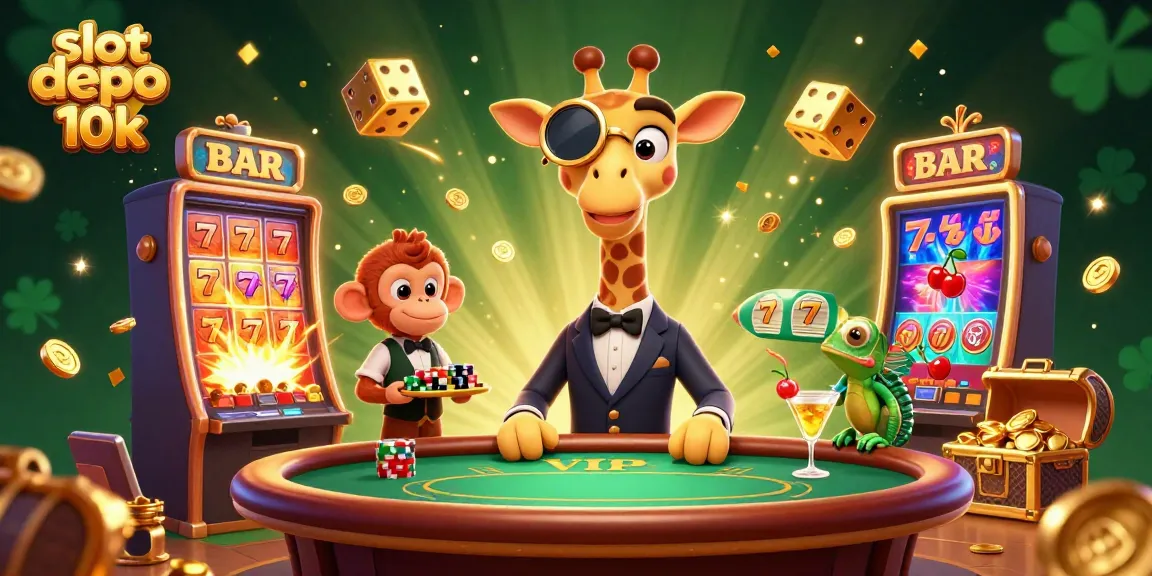 Engage with exciting slot depo 10k action as a giraffe and friends celebrate jackpots and gaming fun.