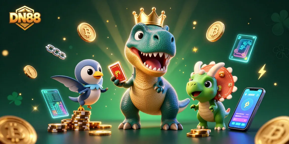 Experience the vibrant world of DN88, where a friendly T-Rex shuffles cards amidst glowing crypto coins.