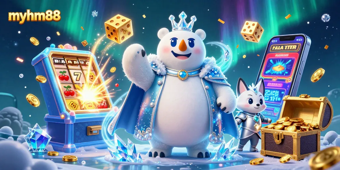 Join the excitement at myhm88, featuring a whimsical illustration of a majestic polar bear and snow fox surrounded by lively casino elements.