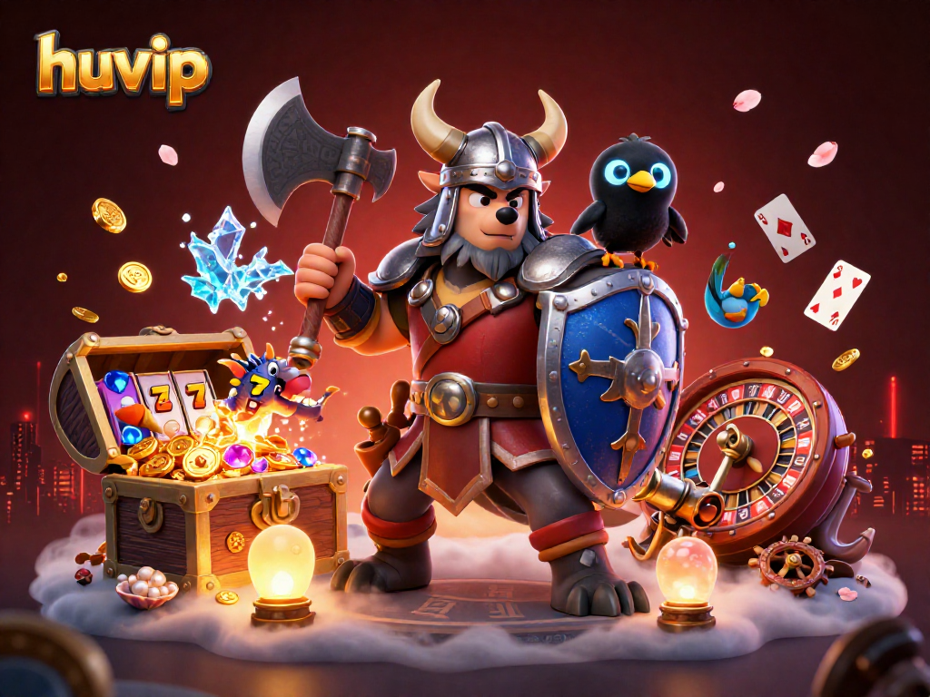 Experience thrilling action with huvip games featuring a Viking warrior, dragon, and raven among casino elements.