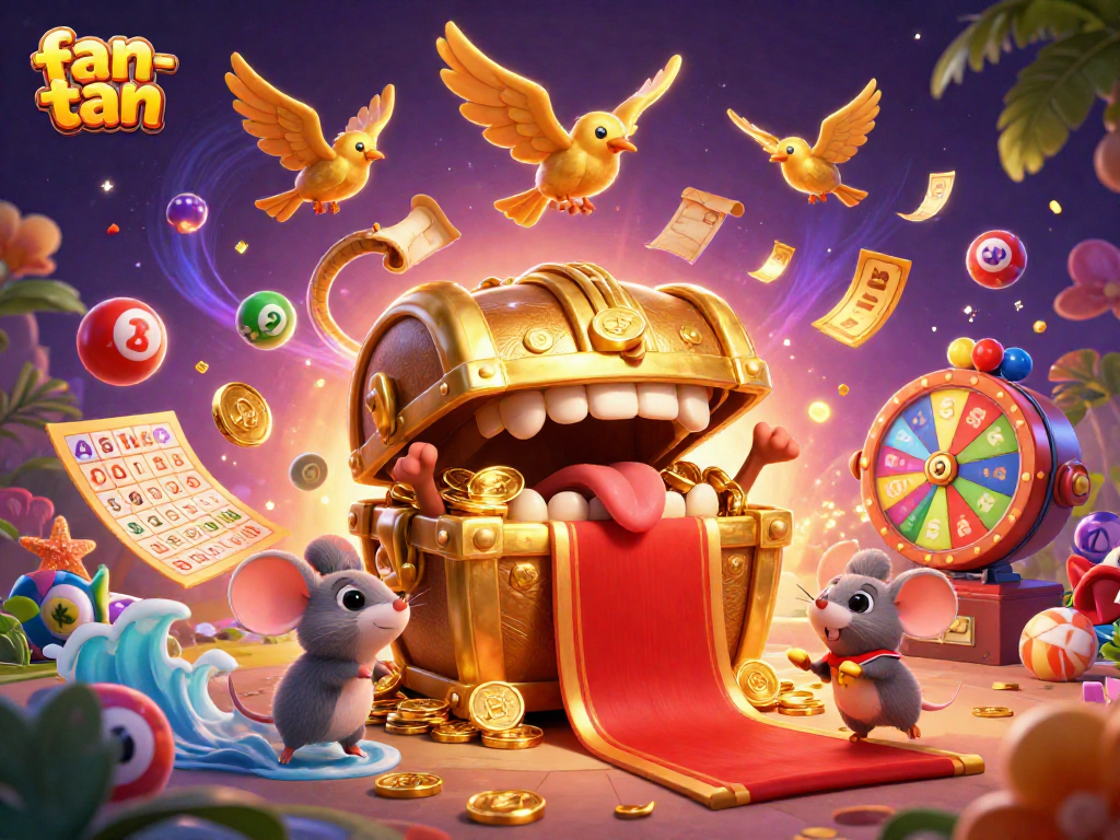 Experience the thrill of fan-tan with vibrant lottery elements and a captivating treasure chest scene.
