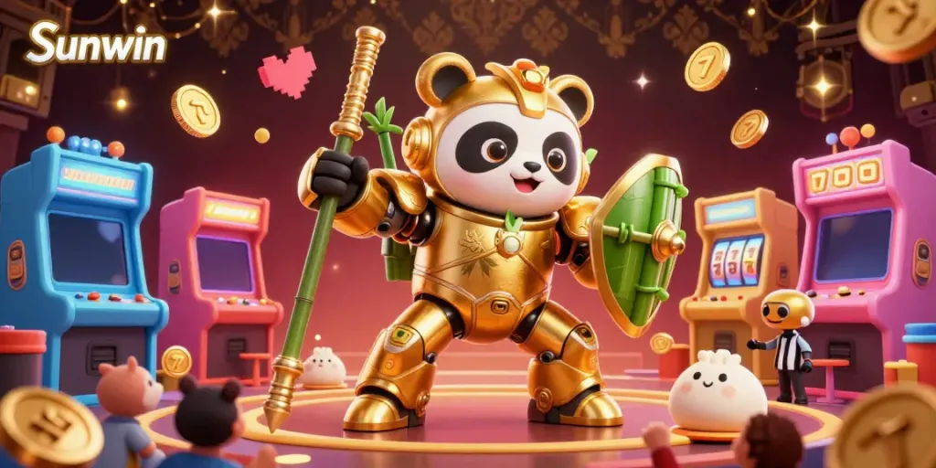 Experience thrilling gameplay at Sunwin with a vibrant 3D illustration of a mech-suit panda battling in a dynamic arcade.