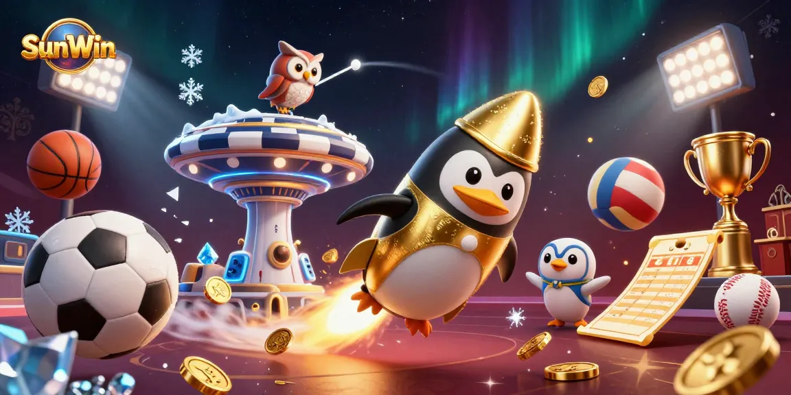 Engage with SunWin's thrilling gaming experience as a golden penguin blasts through a casino-inspired universe, rich in fun.