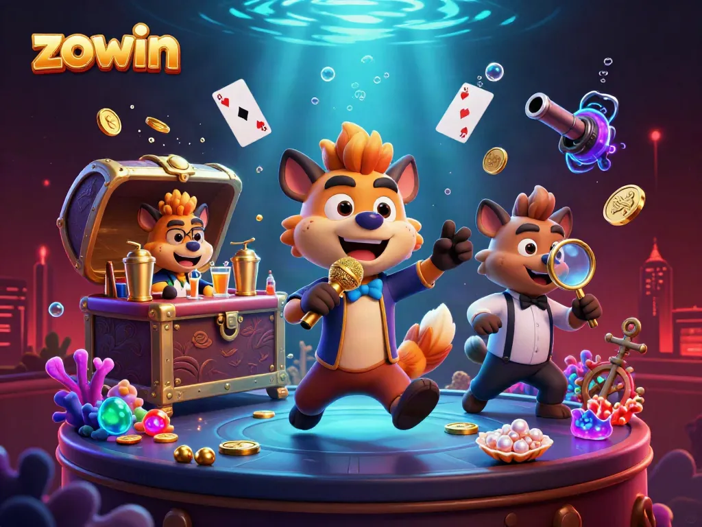 Zowin hyenas animate a vibrant casino scene, featuring a stand-up comedian, bartender, and bouncer.