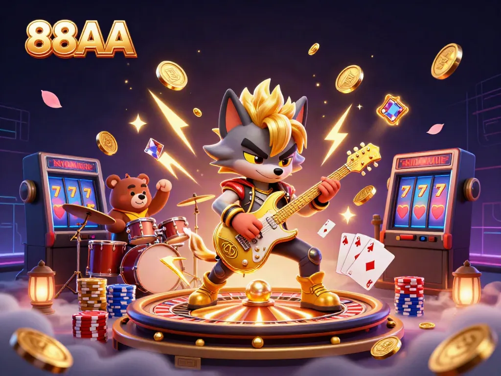 Engage with the excitement of 88AA through a vibrant 3D casino scene featuring a rock star wolf and drummer bear.