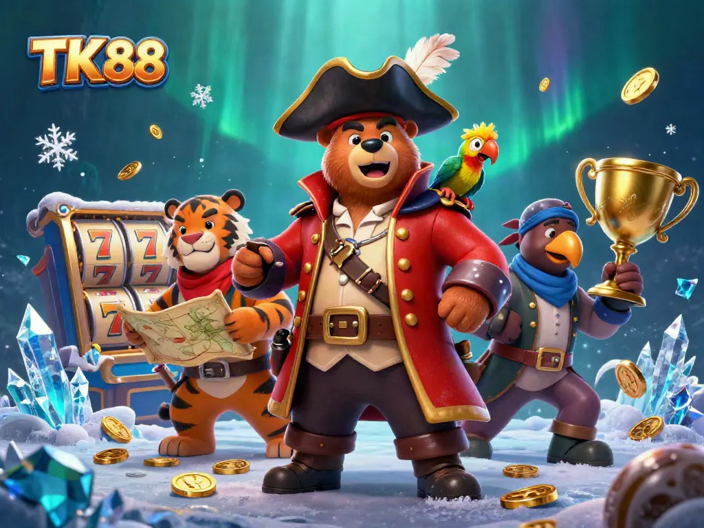 Engage with TK 88's vibrant casino scene featuring a pirate captain bear and golden elements.