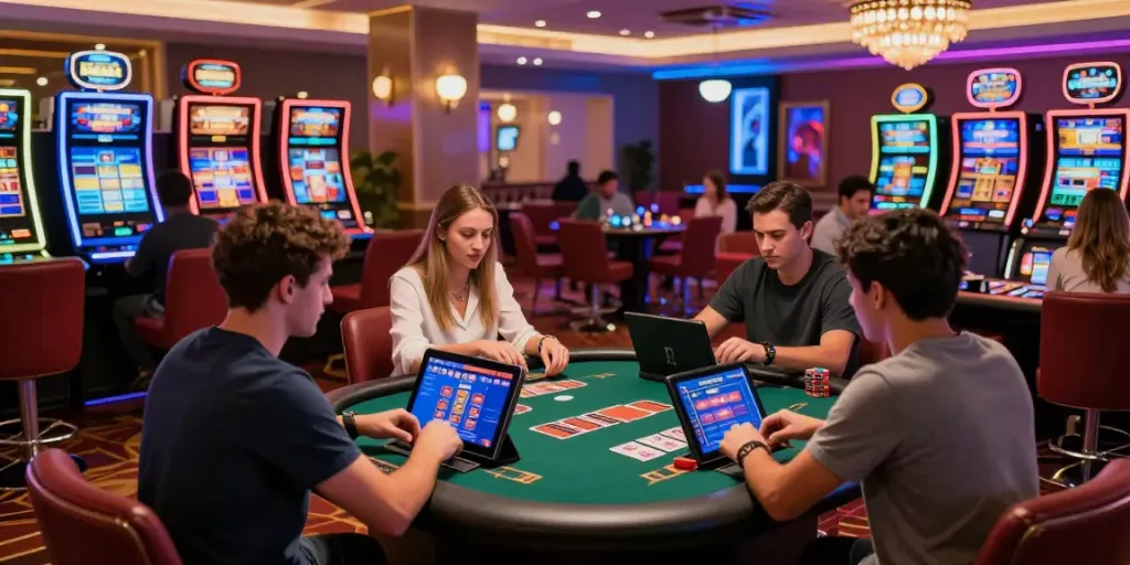 Exciting group of players enjoying online credit card casinos in a vibrant casino setting.