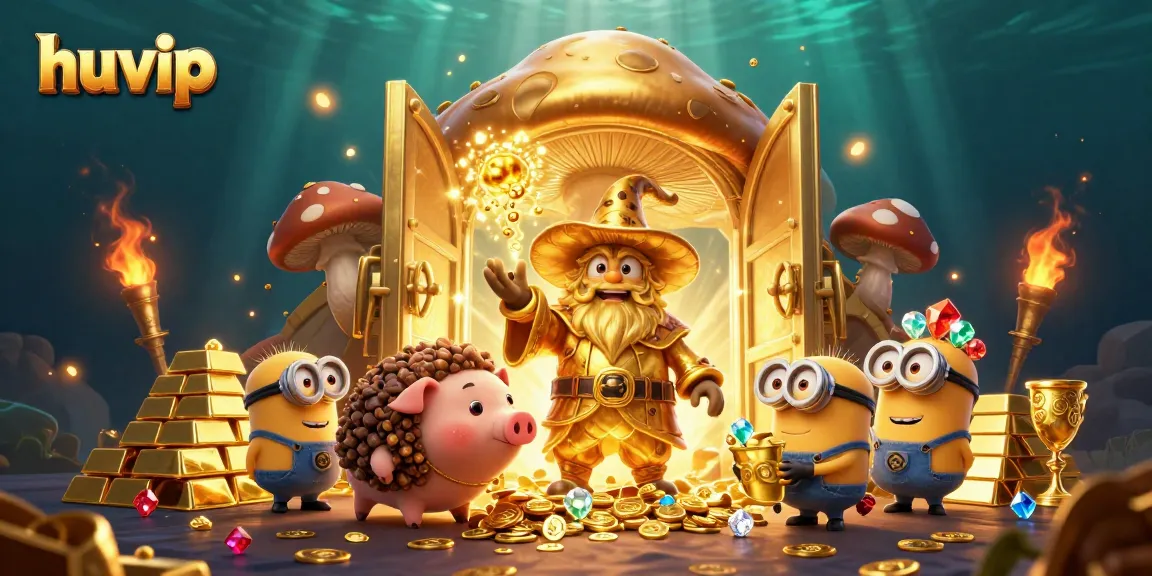 Experience immersive gaming at huvip with a whimsical wizard character revealing treasures and gold.