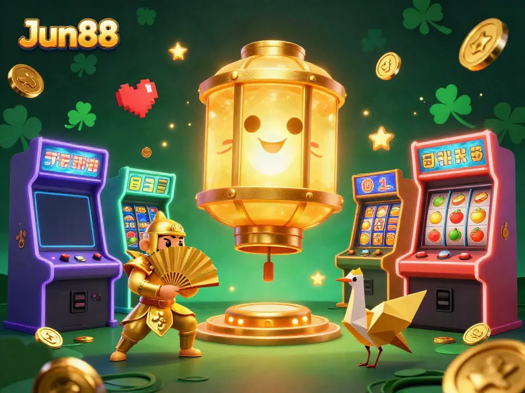 Experience thrilling gaming at Jun88 with a vibrant scene of a glowing lantern spirit in a bustling casino.