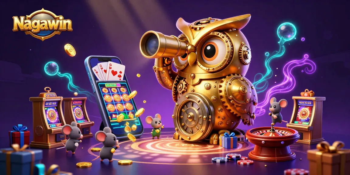 Nagawin showcases a dynamic scene of a clockwork owl atop a vault, with vibrant casino elements and lively mice patrons.