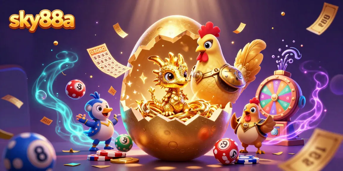 Engage with thrilling games at sky88a, featuring golden dragons and lottery symbols in a vibrant casino scene.