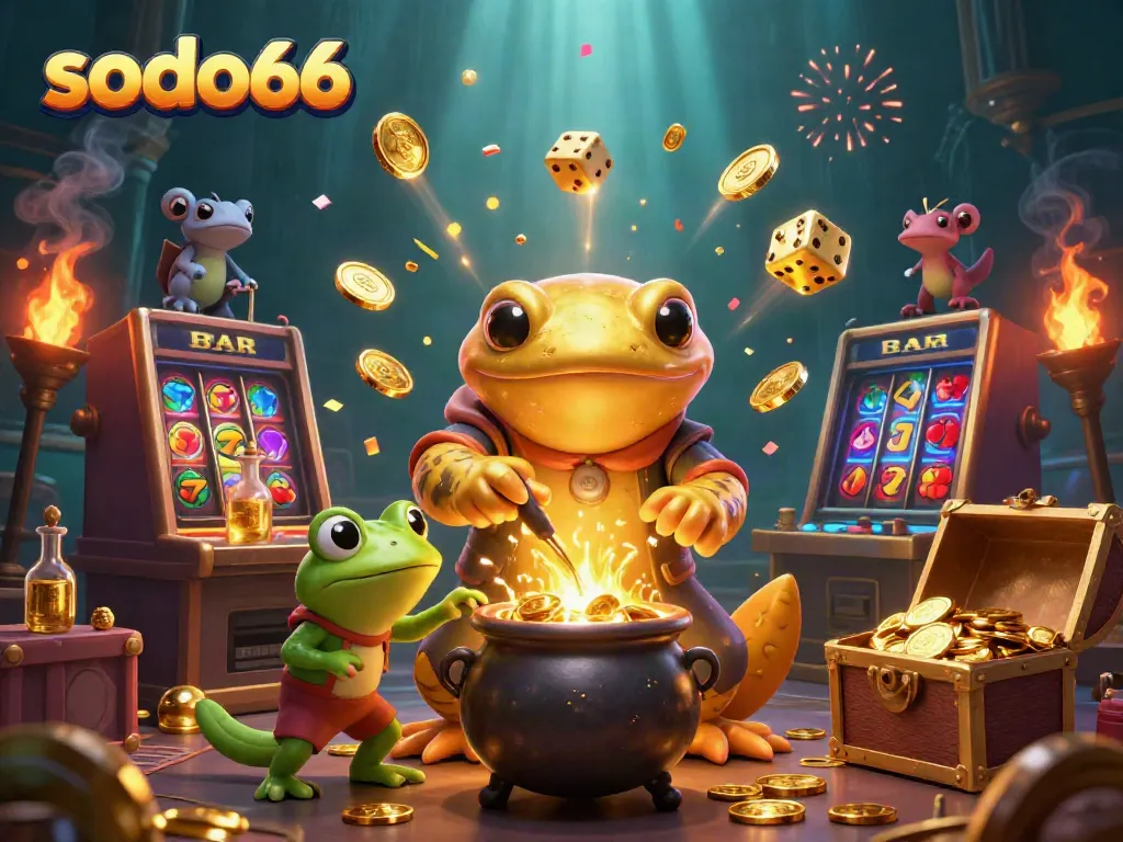 Experience the thrill of sodo66 as golden magic transforms in a bustling casino scene.