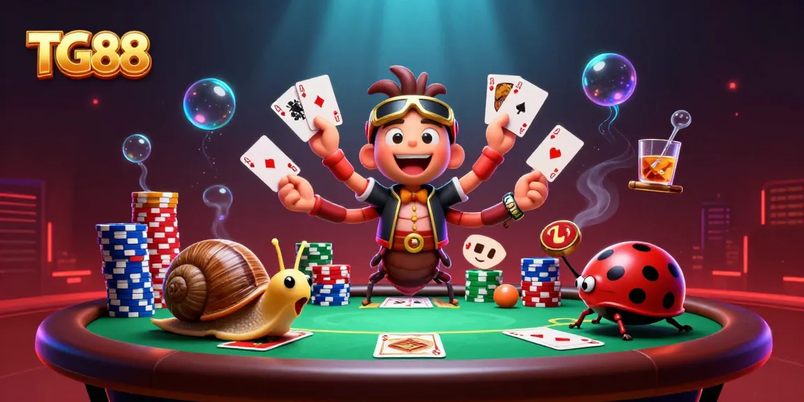 Engaging TG88 casino scene with millipede dealer, high-roller snail, and pill bug amidst dynamic poker elements.