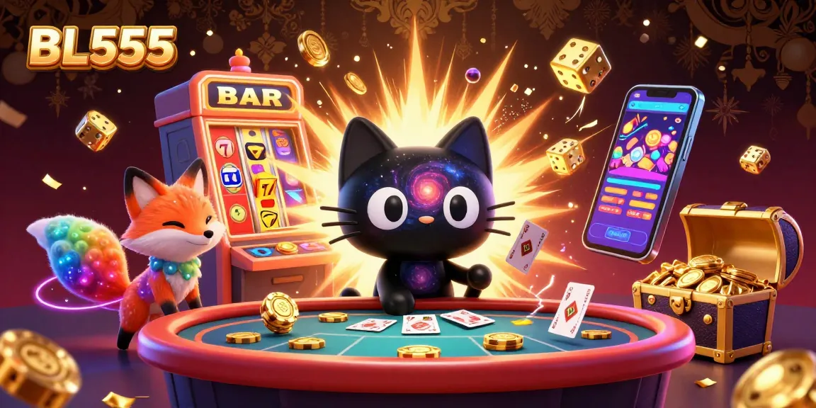 Experience the excitement of gaming at BL555 with a cosmic casino scene bursting with jackpots and colorful characters.