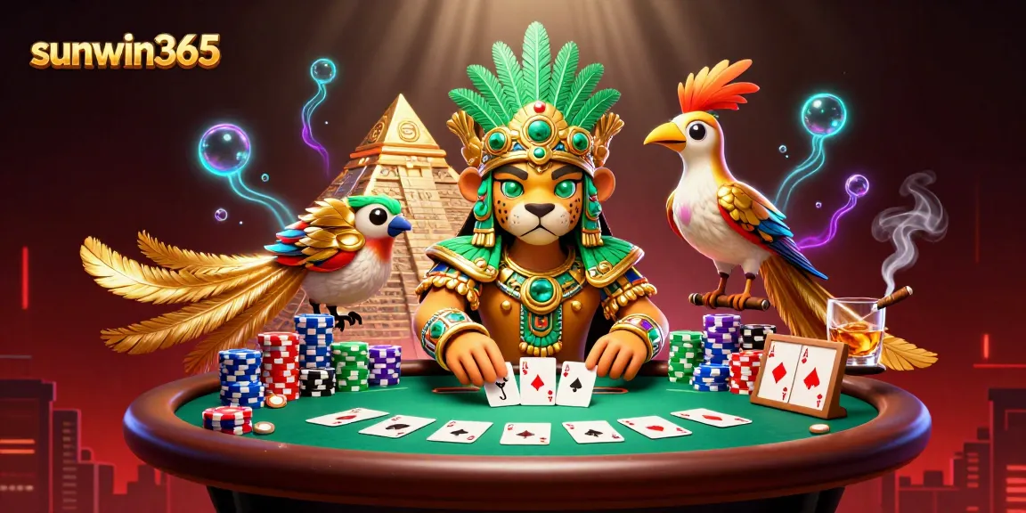 Experience excitement at sunwin365 with vibrant characters and dynamic poker scene filled with chips and cards.