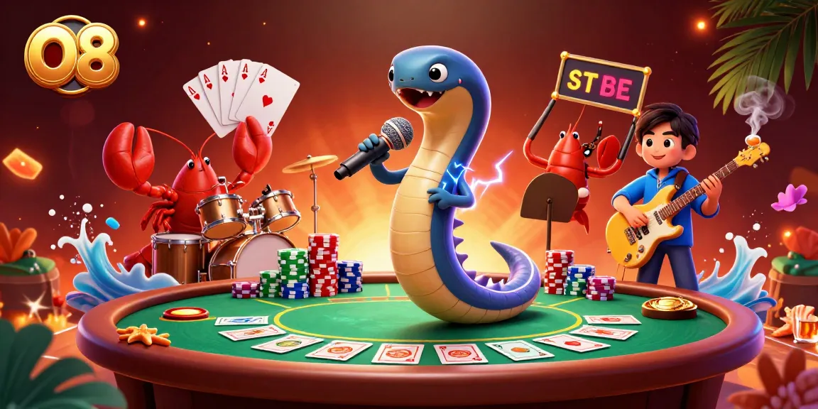 Experience the thrilling world of O8 with a vibrant underwater casino scene featuring lively characters and poker elements.