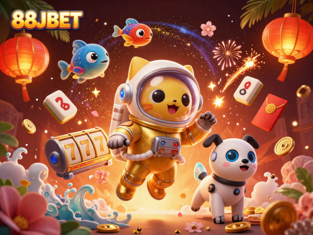 Experience the excitement of 88JBET with a 3D cartoon illustration featuring a floating astronaut cat and treasures.