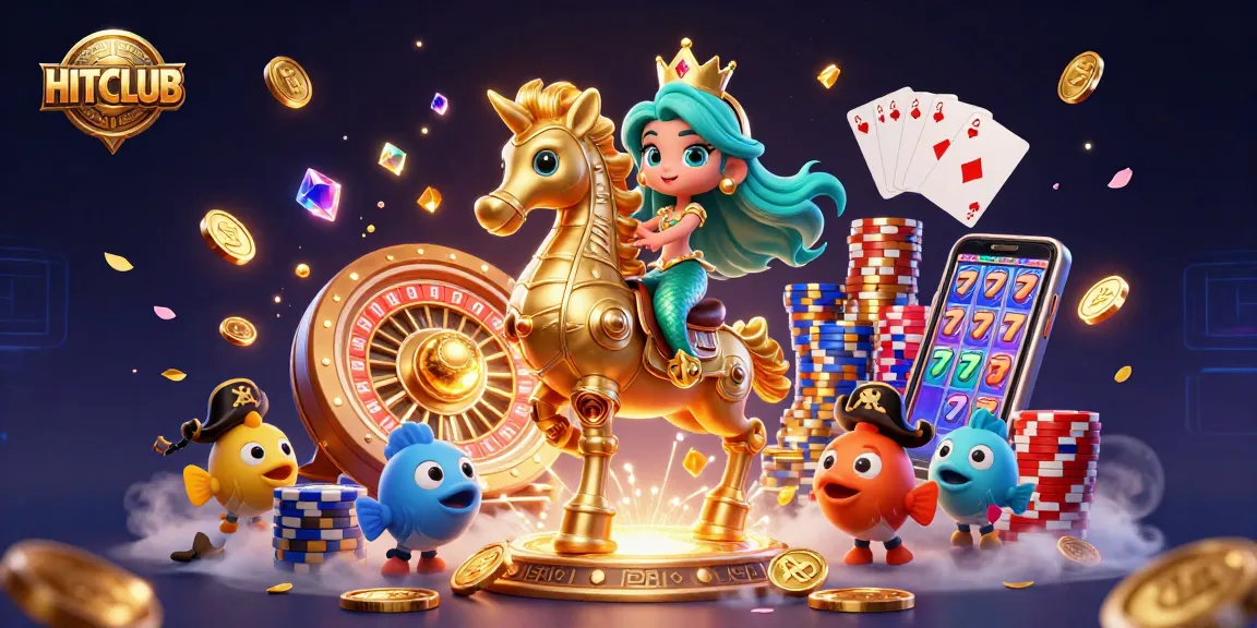 Immerse in the HITCLUB world with a vibrant scene featuring a mermaid, seahorse, and dynamic casino elements.