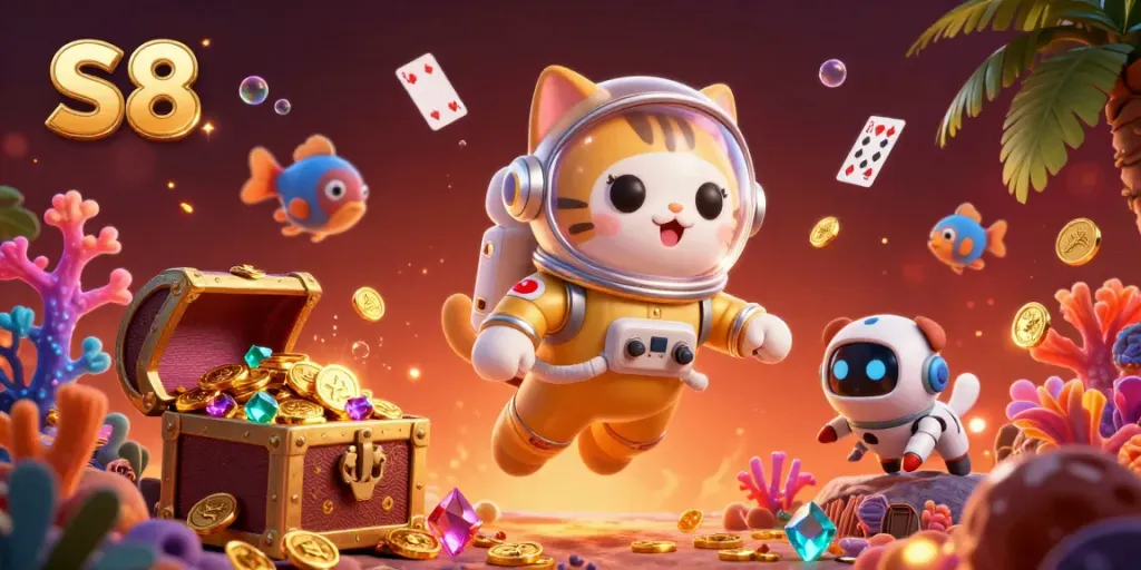 S8 cat-themed gaming showdown with floating treasures and vibrant coral.