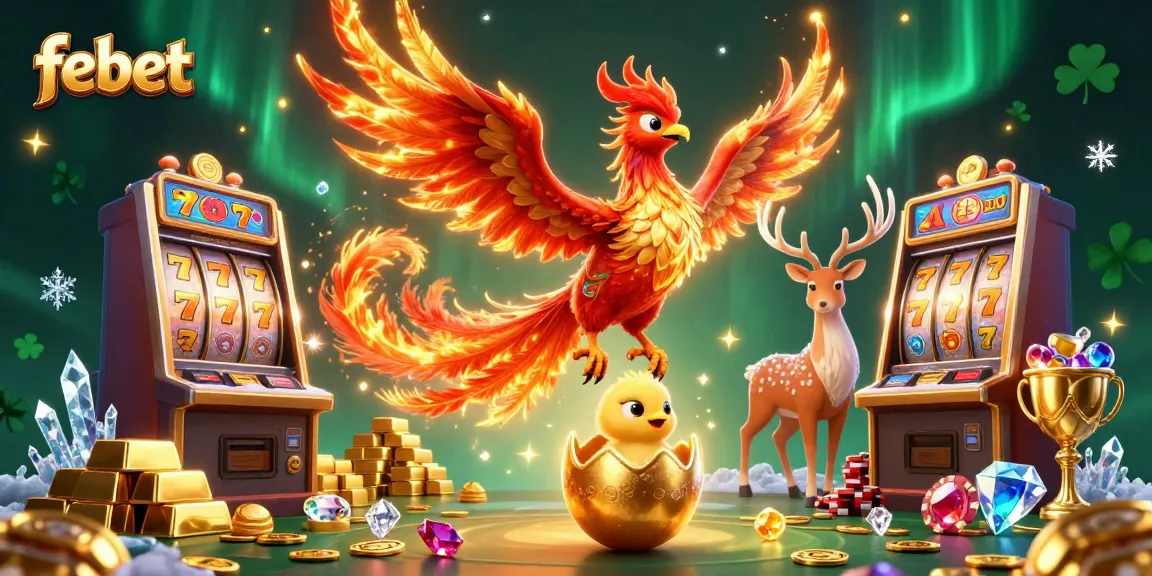 Experience thrilling wins at febet with a vibrant casino scene featuring phoenixes and treasure.
