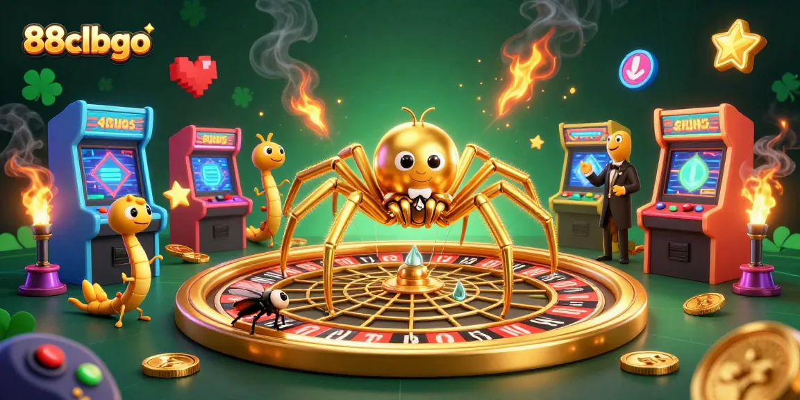 Engage with the exciting world of 88clbgo, where a golden spider spins a roulette web amidst vibrant arcade-style games.