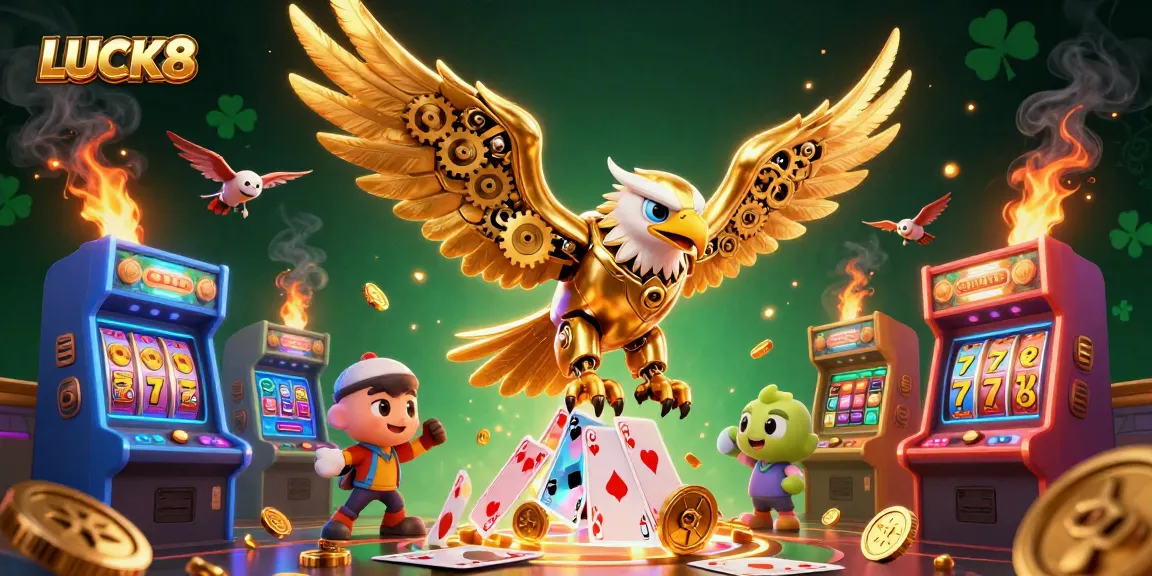 Experience thrilling gameplay at LUCK8 with a vibrant 3D illustration of an eagle navigating through casino elements.