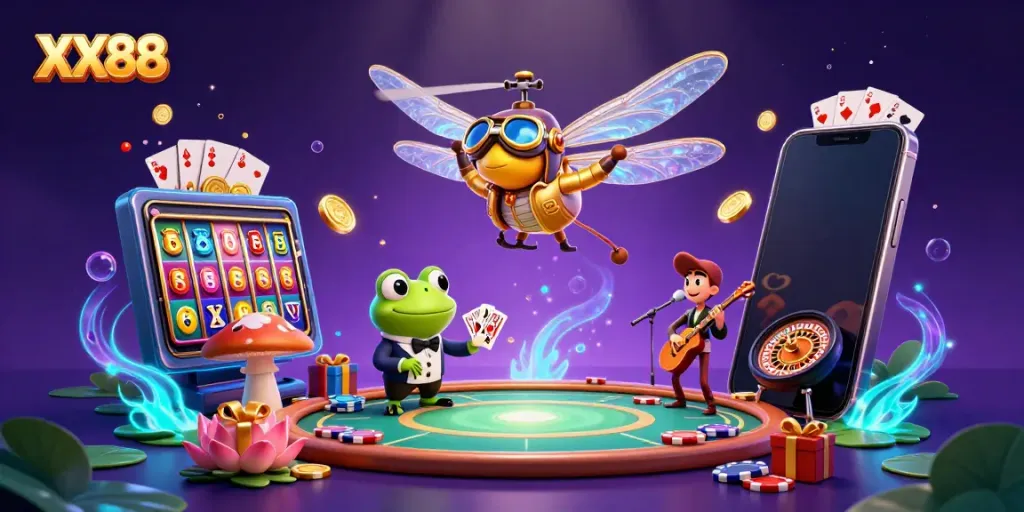 XX88 casino scene with lively characters and vibrant game elements illustrating exciting gambling activities.