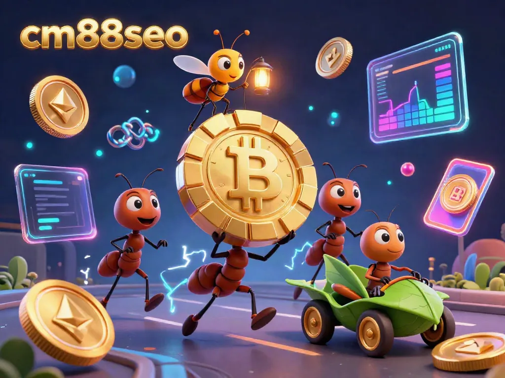 Ants running a heist for a golden poker chip in a vibrant tunnel themed around cm88seo and gambling.