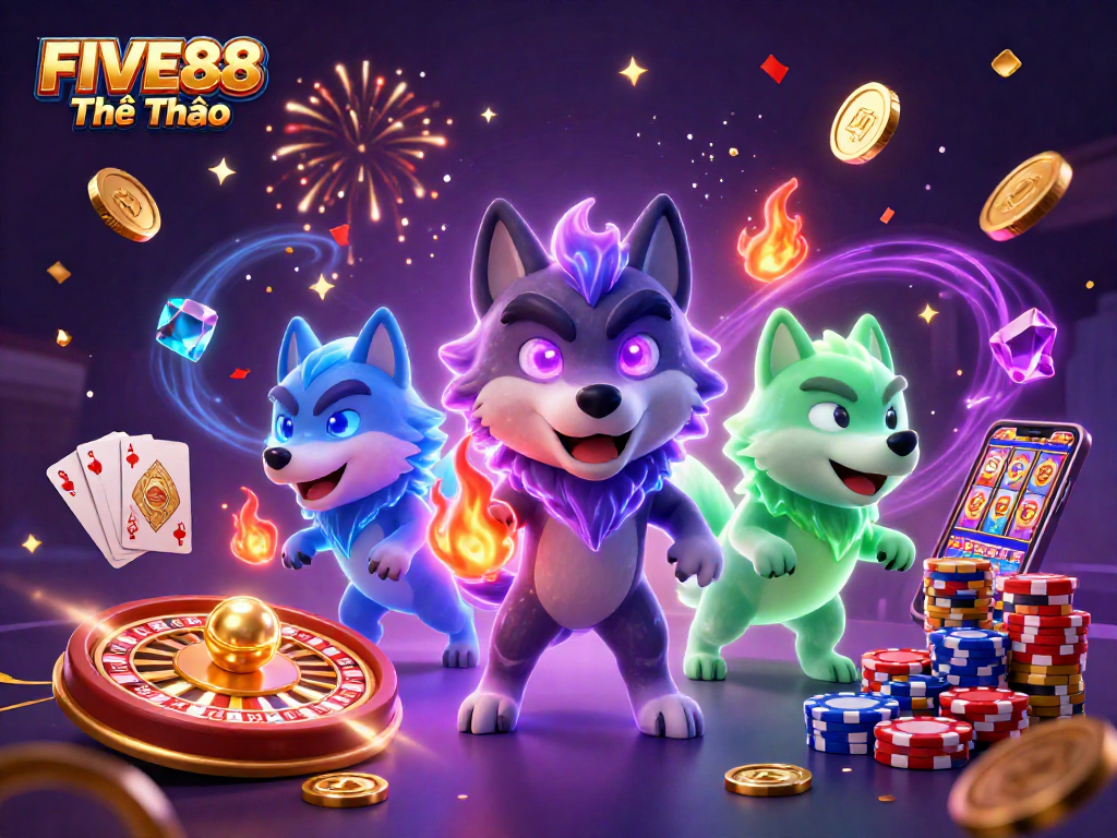 Experience the excitement of FIVE88 Thể Thao with dynamic casino elements and vibrant character interactions.