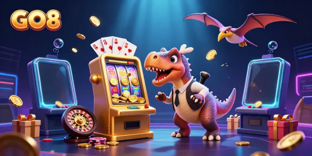 GO8 slot machine illustration featuring a dinosaur winning jackpot coins