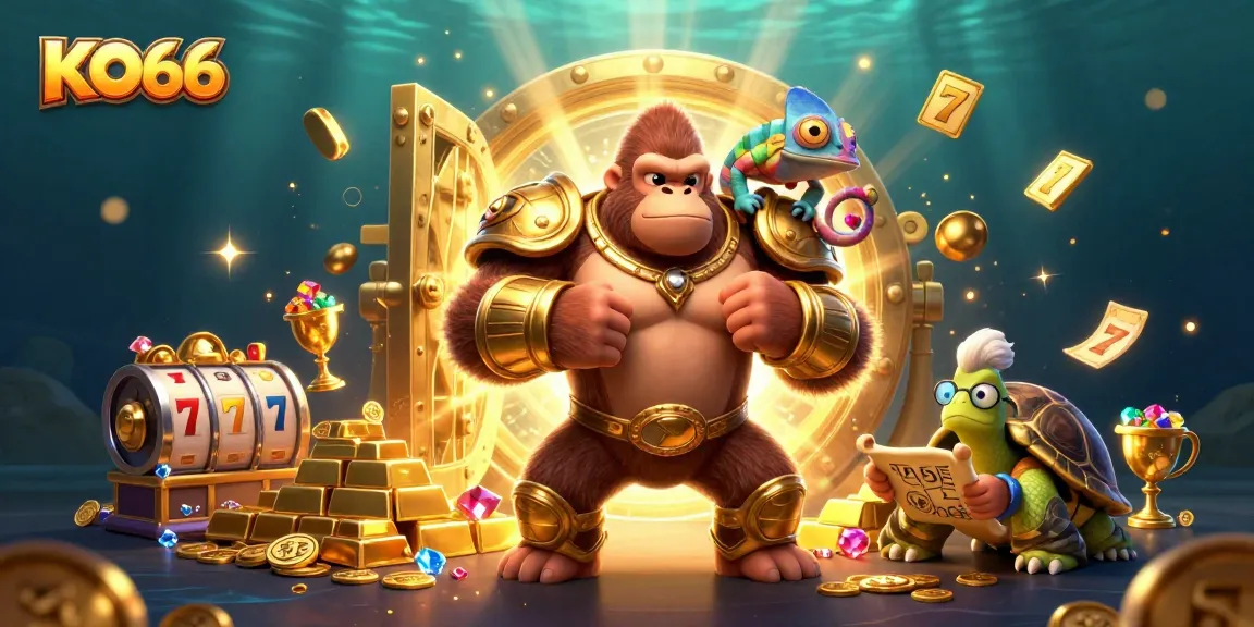 KO66 Casino features a gorilla king, chameleon, and tortoise in a dazzling gaming treasure scene.