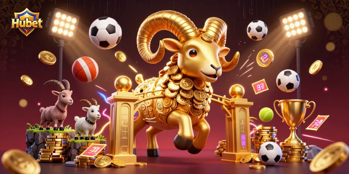 Experience thrilling gaming at Hubet with a golden ram charging at a casino entrance amidst dynamic sports elements.