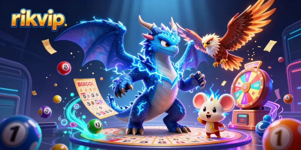 Engage in thrilling lottery wins with rikvip, featuring vibrant lottery elements and dynamic characters.