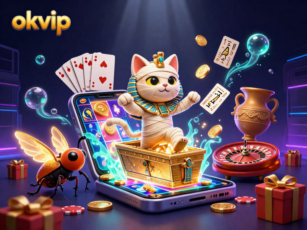 Engage with okvip's vibrant Egyptian mummy cat casino scene featuring thrilling slot games, gold coins, and vibrant energy.