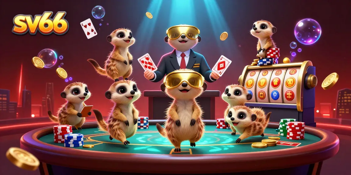 Experience top-tier gaming at sv66 with meerkats managing a lively casino in a vibrant scene.