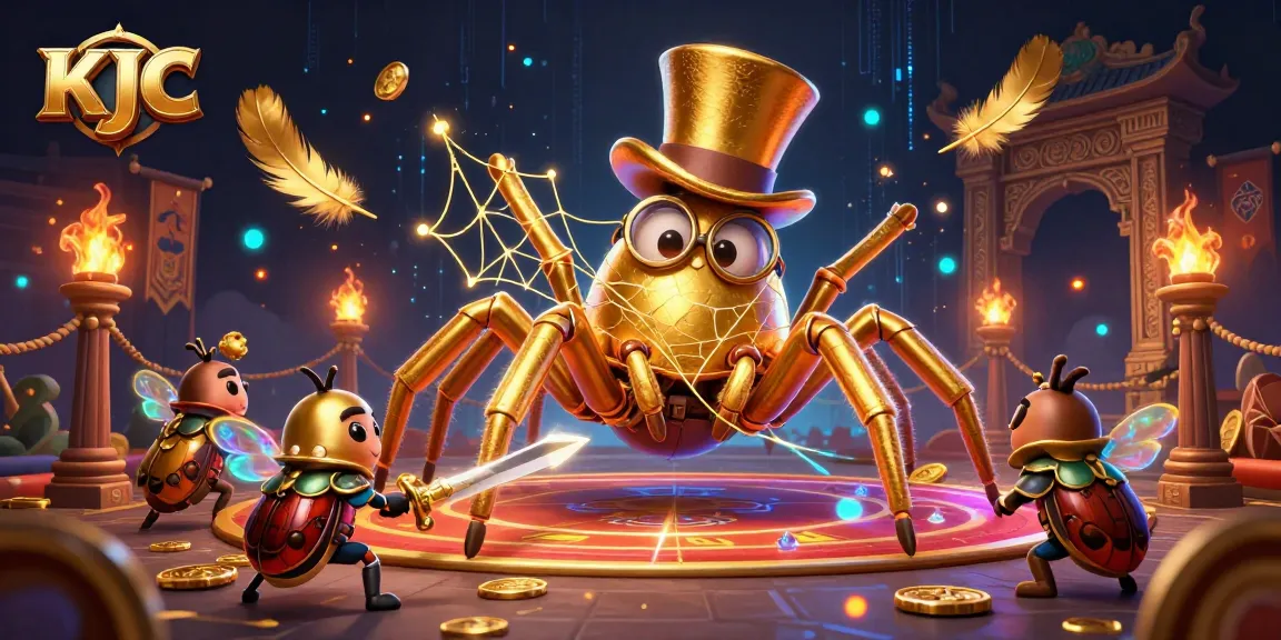 KJC showcases a golden tarantula and a brave beetle knight in a vibrant casino scene.