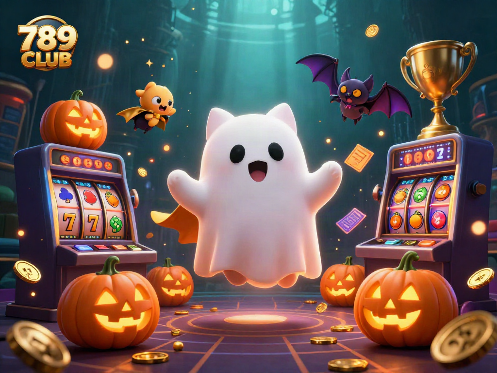 Engage in thrilling games at 789CLUB with a lively ghostly cat and festive decorations.